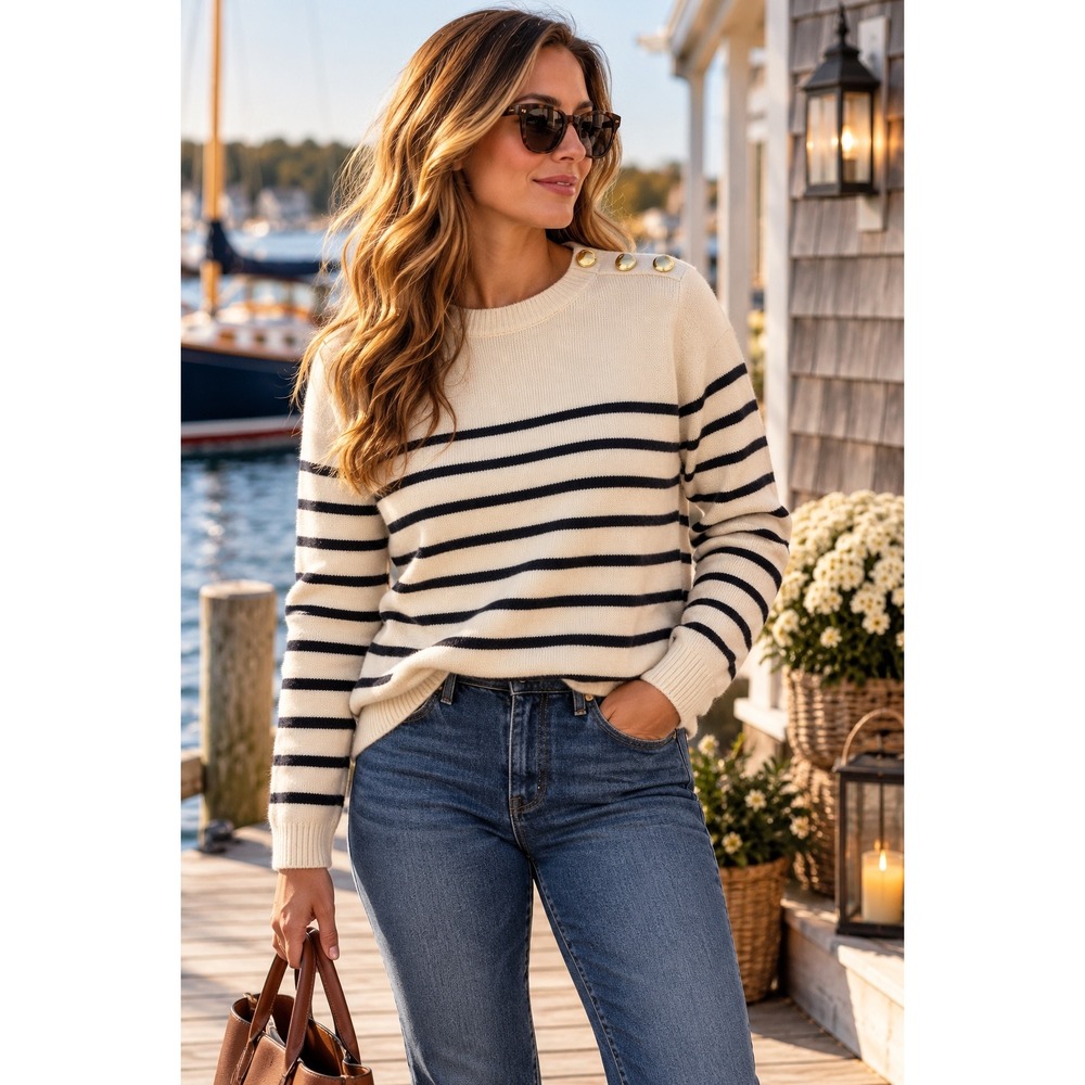 J.Jill Striped Button Shoulder Sweater Sz L Cotton x Coastal Preppy Nautical